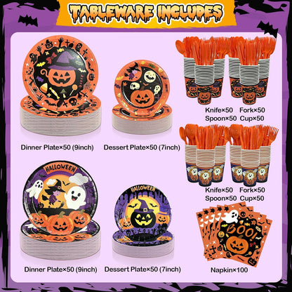 UJoyant 700 PCS Halloween Plates and Napkins Sets, Halloween Party Supplies Includes Disposable Plates Dessert Plates Napkins Cups Plastic Knives Forks Spoons Disposable Dinnerware Set （100 Guest
