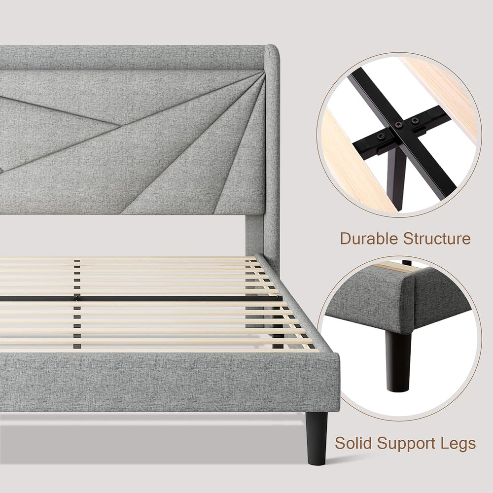 Queen Bed Frame with Headboard, Upholstered Platform Bed Frame with Charging ...