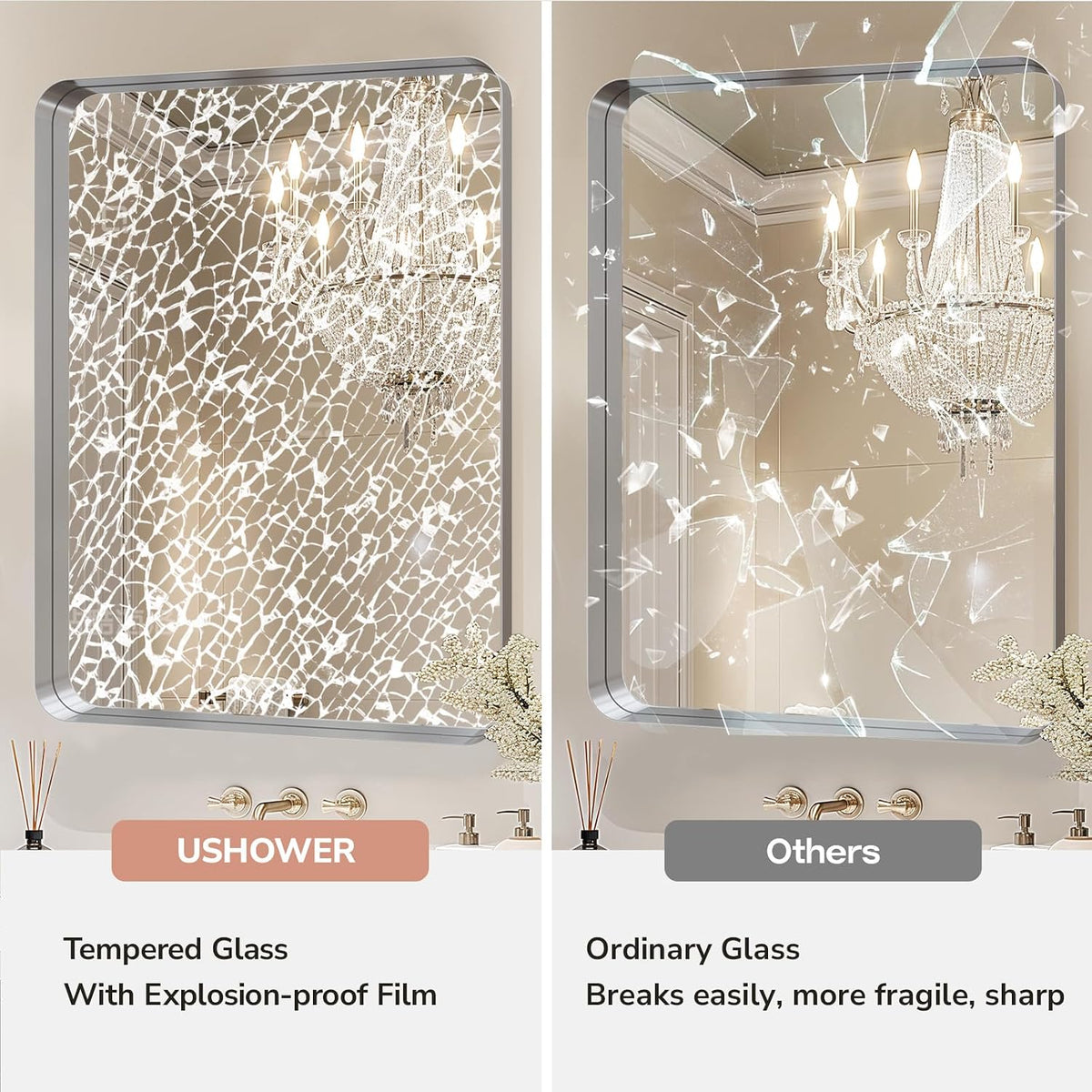 ushower brushed nickel bathroom mirrors 24"x36" 2 pack, close-up detail