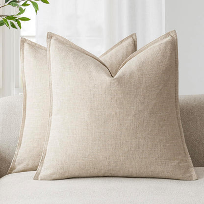 Foindtower Pack of 2, Decorative Linen Soild Throw Pillow Covers Soft Accent Cushion Case Boho Farmhouse Neutral Pillowcase for Couch Sofa Bedroom Living Room Home Decor 20 x 20 Inch Natural Beige