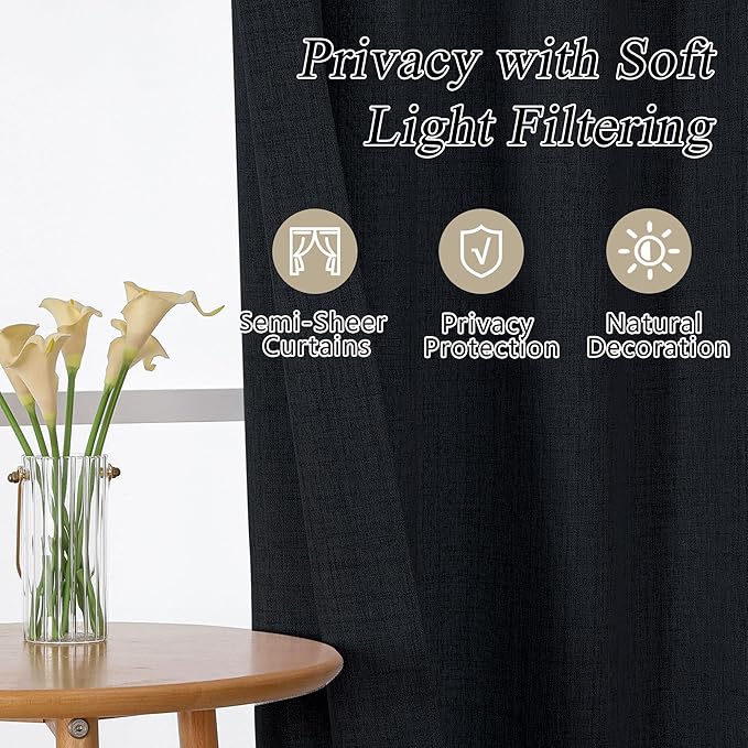OVZME Black Valance for Windows, Light Filtering Faux Linen Textured Small - Image 7