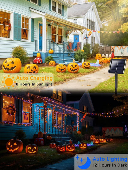 4 Pack 132FT Solar Halloween Lights Outdoor Waterproof, Orange and Purple