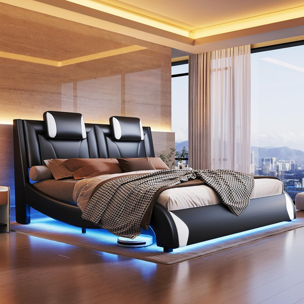 jocisland full led bed frame/faux leather headboard/wave design, front angle view