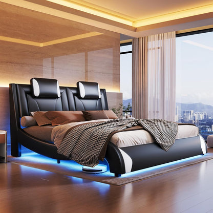 jocisland full led bed frame/faux leather headboard/wave design, front angle view