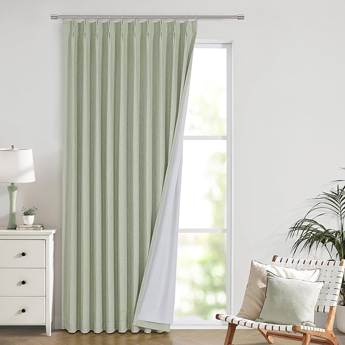 Vision Home Soft Green Pinch Pleated Full Blackout Curtains Linen Blended Room - Image 8