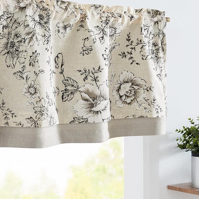 jinchan Linen Valance Curtain Farmhouse Black Floral Small Window Curtain by JINCHAN