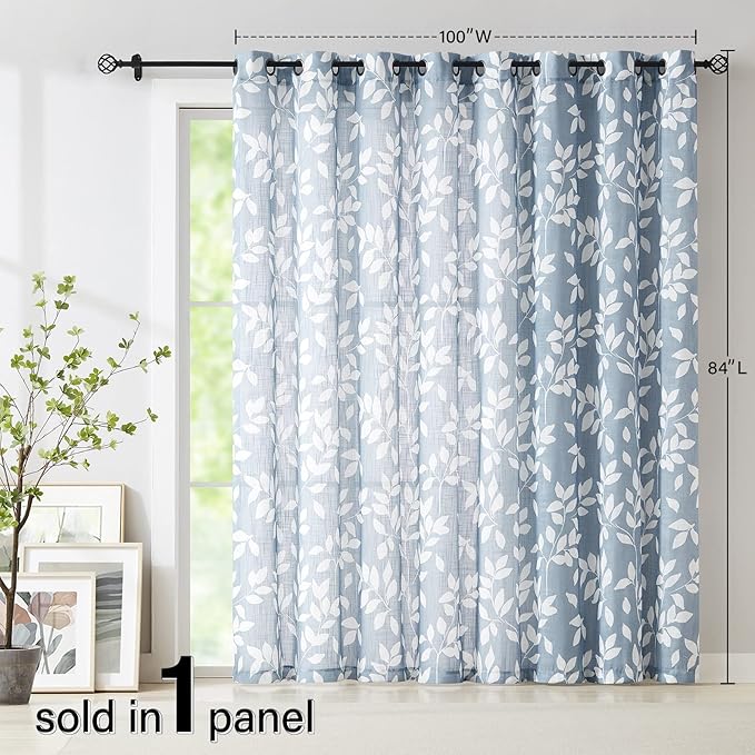 Treatmentex Blue White Sliding Glass Door Curtain Leaf Print Semi Sheer Curtain - Image 6