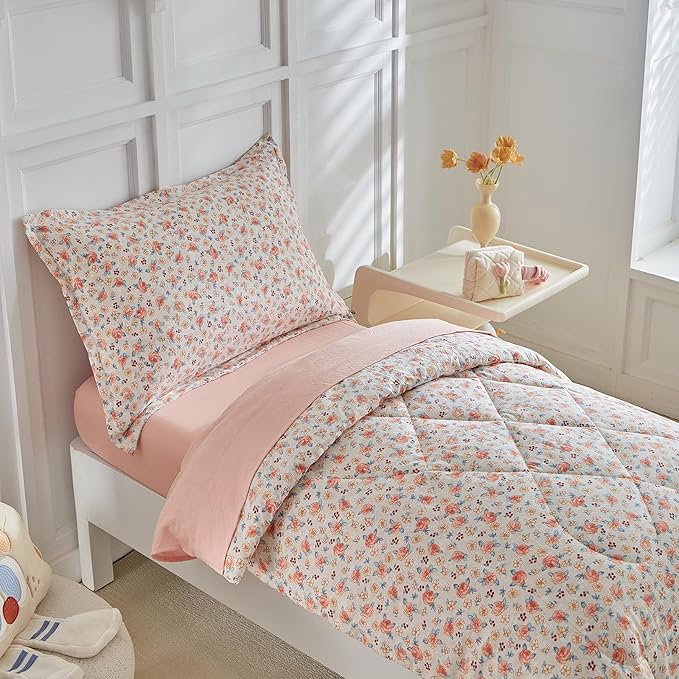 DuShow Toddler Bedding Set for Girls, 4 Pieces Floral Toddler Girl Comforter Set - Image 2