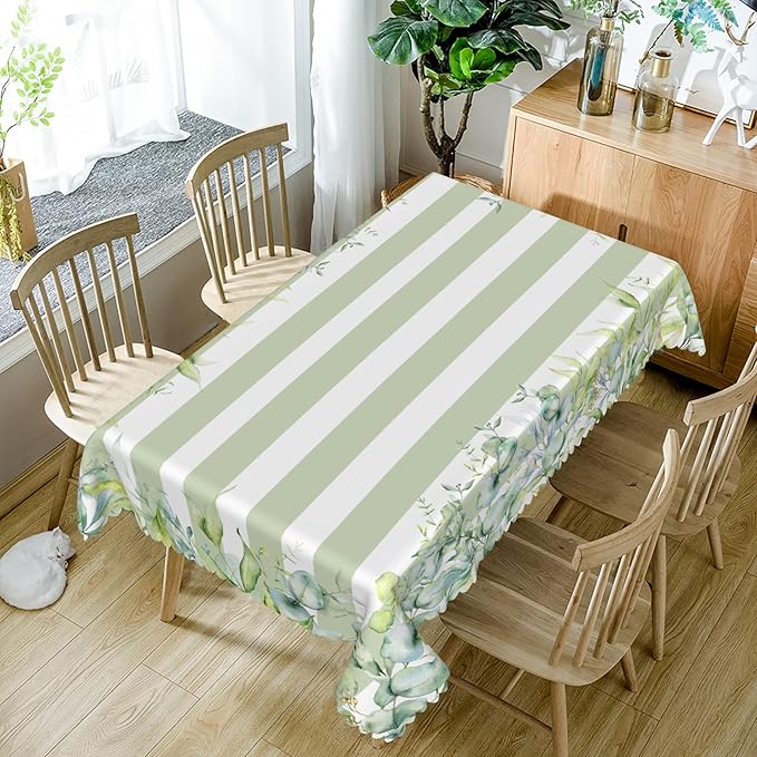 60x84inches Green and White Stripes Tablecloth Watercolor Green Eucalyptus - Image 5