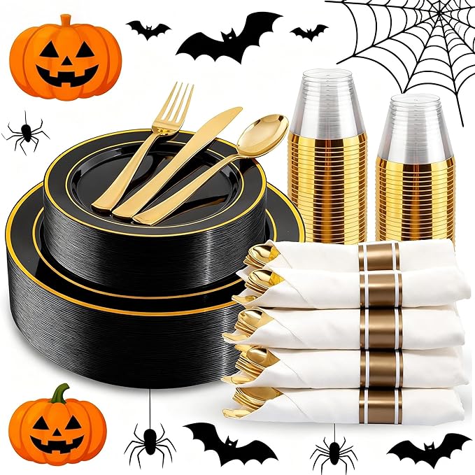 175PCS Black and Gold Plates - Black Disposable Plates for Party - 25Guests Disposable Dinnerware Set for Halloween/New Year/Wedding