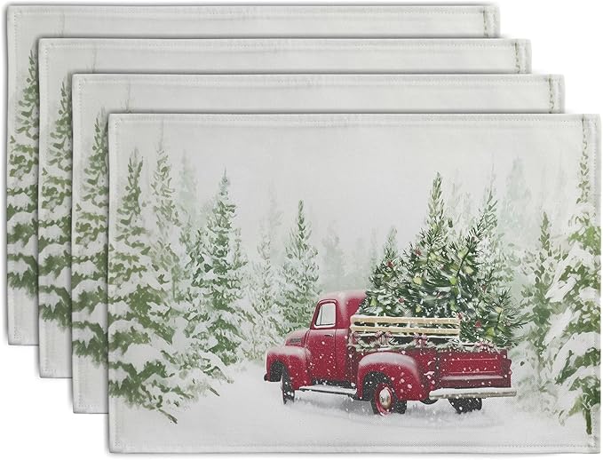 Red Truck Christmas Placemats Set of 4, 12x18 Inch Green Pine Tree Snow Xmas by Wnoesat