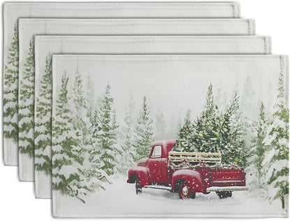Red Truck Christmas Placemats Set of 4, 12x18 Inch Green Pine Tree Snow Xmas by Wnoesat