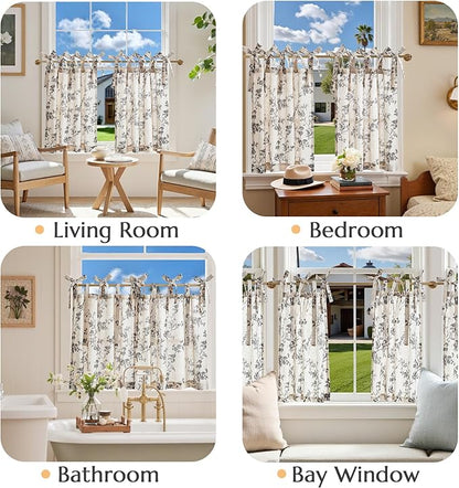 jinchan Floral Kitchen Curtains 24 Inch Linen Tier Curtains Farmhouse Cafe Half - Image 4