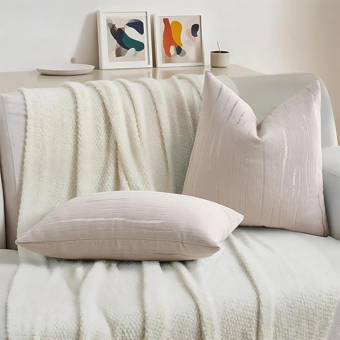 HAUSSY Beige Throw Pillow Covers 12x20 Inch Set of 2, Boho Embossed Striped - Image 5