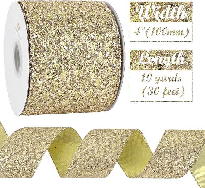 HUIHUANG Champagne Gold Christmas Ribbon 4 inch Glitter Wired Ribbon Diamond - Image 3