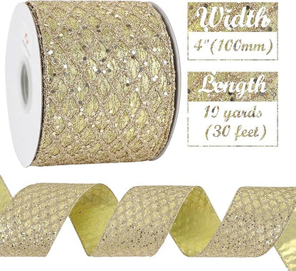 HUIHUANG Champagne Gold Christmas Ribbon 4 inch Glitter Wired Ribbon Diamond - Image 3