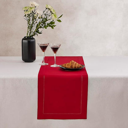 Home Ekaa Cotton Linen Red Table Runner 72 Inches Long – Washable Hemstitch 14 - Image 3