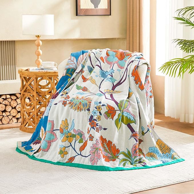 Summer Throw Blanket, 100% Cotton Muslin Breathable Woven, Farmhouse Decorative - Image 2