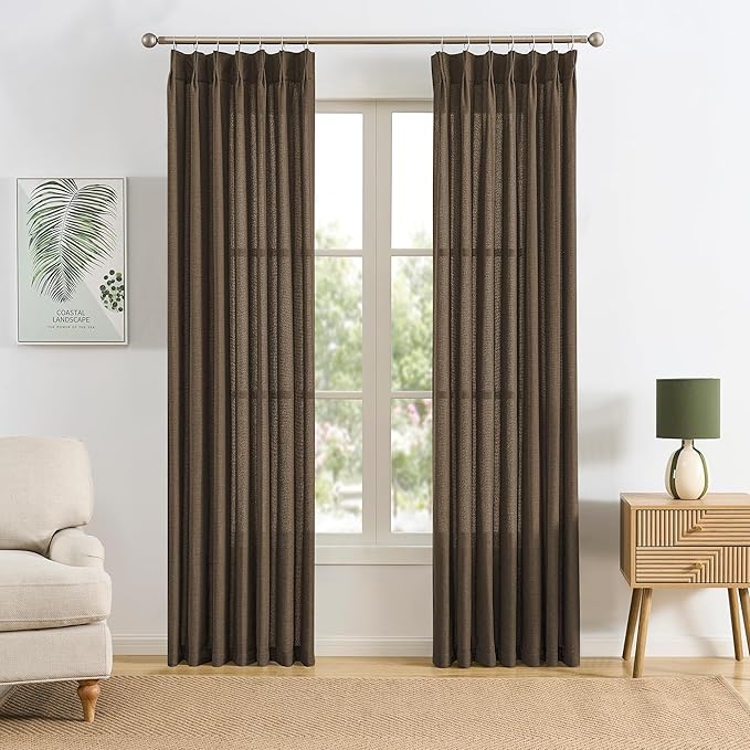 Brown Pleated Linen Curtains 90 Inches Long Farmhouse Semi Sheer Memory Trained by RAIN+CITY