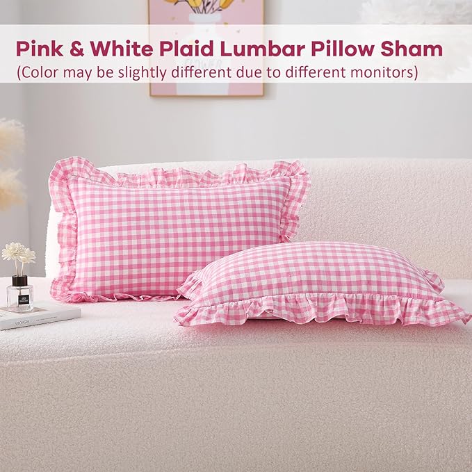 2 Pack Pink White Plaid Ruffle Gingham Throw Lumbar Pillow Shams, 100% Washed - Image 2