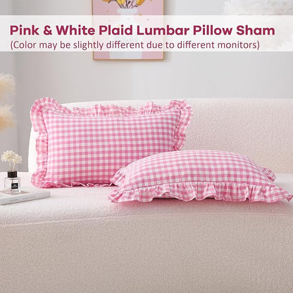 2 Pack Pink White Plaid Ruffle Gingham Throw Lumbar Pillow Shams, 100% Washed - Image 2