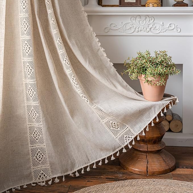 ENJOYBRIDAL Beige Curtains Crochet Lace Patchwork Drapes Curtains 96 Inch by ENJOYBRIDAL