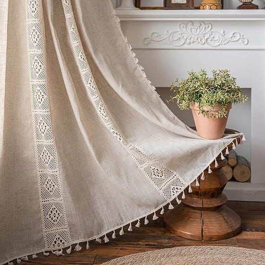 ENJOYBRIDAL Beige Curtains Crochet Lace Patchwork Drapes Curtains 84 Inch by ENJOYBRIDAL