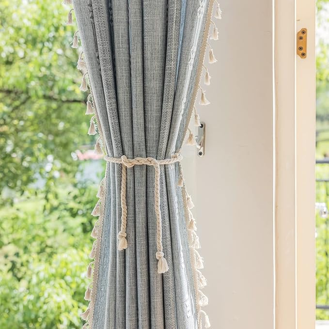 ENJOYBRIDAL Boho Curtains 96 Inch Length 2 Panels Semi Sheer Blue Grey Drapes - Image 6
