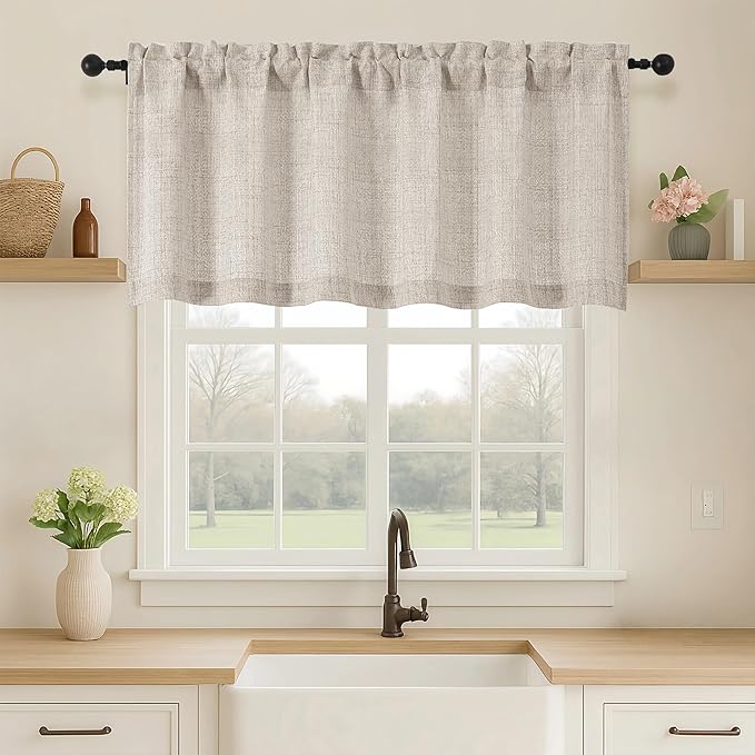 OVZME Valance for Windows, Light Filtering Faux Linen Textured Small Kitchen by OVZME