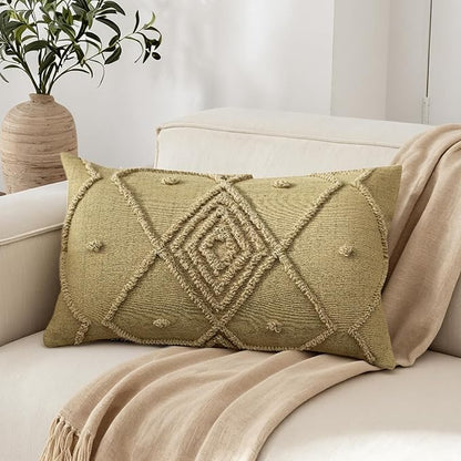 Boho Geometric Textured Lumbar Pillow Cover 12x 20, Woven Tufted Neutral by RinRinfam