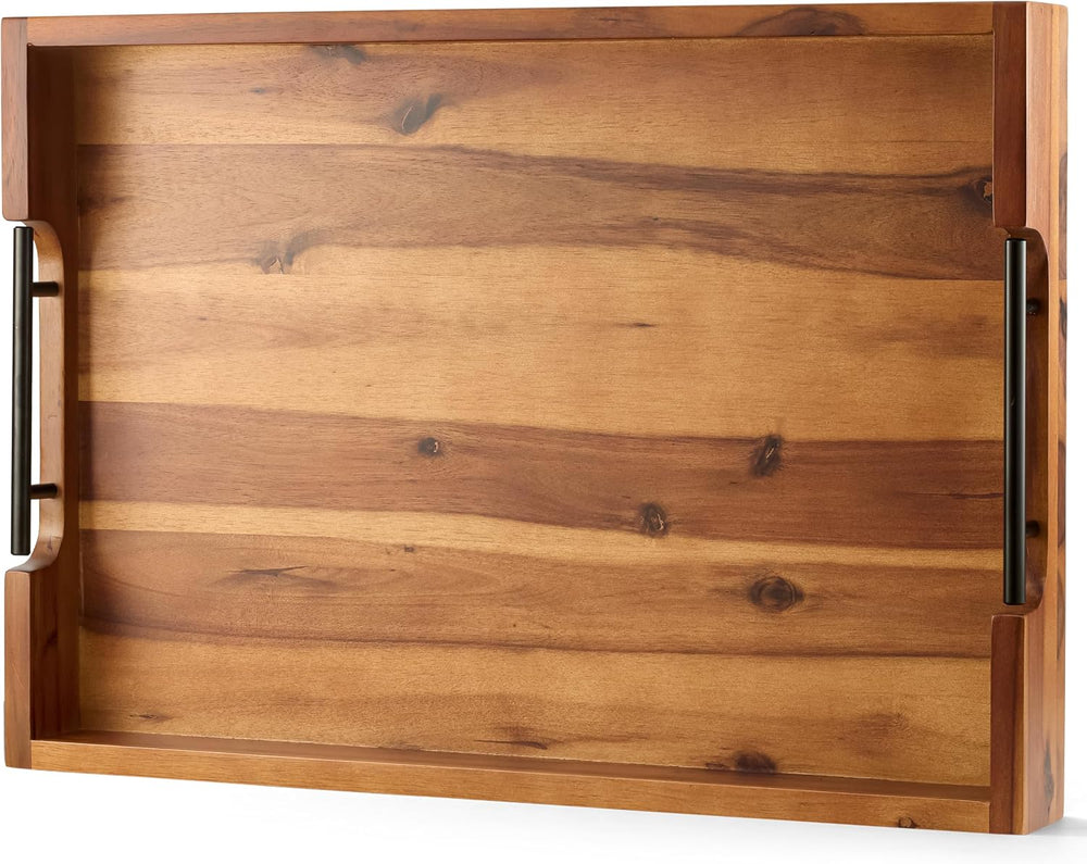 TIDITA 20"x14" Wooden Large Ottoman Tray, Serving Tray with Metal H...