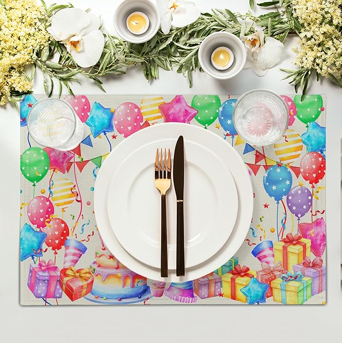 Happy Birthday Placemats Set of 4 Colorful Balloons Confetti Cake Linen Table - Image 3