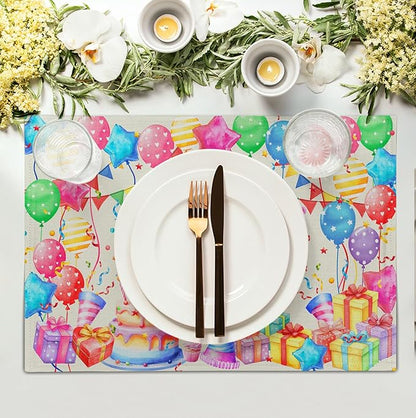Happy Birthday Placemats Set of 4 Colorful Balloons Confetti Cake Linen Table - Image 3