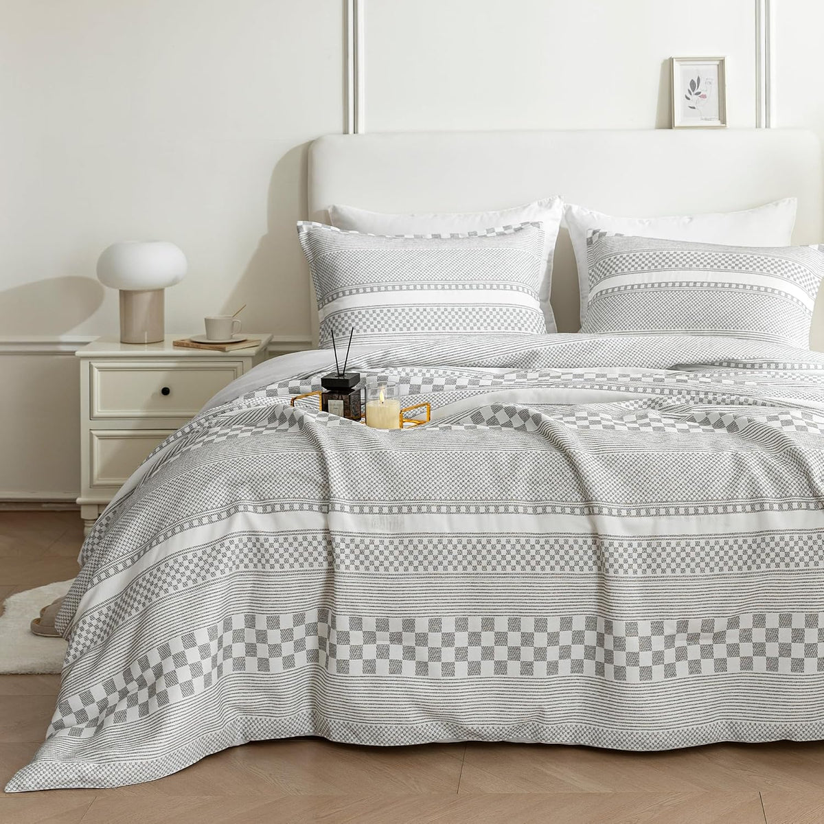 sleep zone comforters queen set, striped lattice bedding, main product view