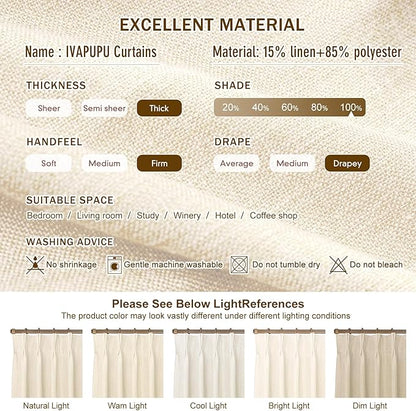 IVAPUPU Cream Beige Pinch Pleated Full Blackout Linen Curtains - Image 8