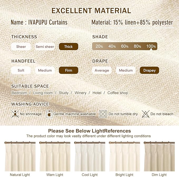 IVAPUPU Cream Beige Pinch Pleated Full Blackout Linen Curtains - Image 8