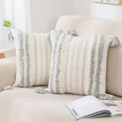 decorUhome Decorative Boho Throw Pillow Covers 18x18 Set of 2, Accent Neutral by decorUhome