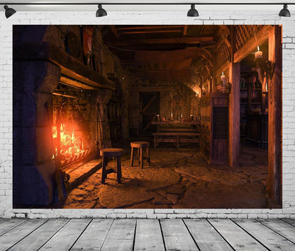 12x8ft Fabric Medieval Tavern Backdrop for Photography Burning Fireplace and Stool Background Ancient Warm Room Decorations Halloween Medieval Themed Party Photoshoot Booth Studio Props