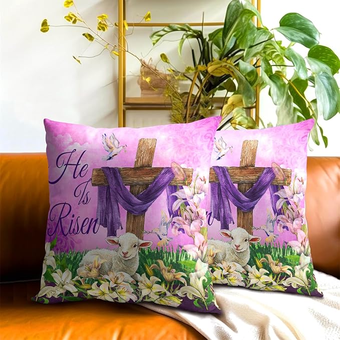 He is Risen Cross Christian Throw Pillow Covers 24''x24'' Set of 2 Easter - Image 7