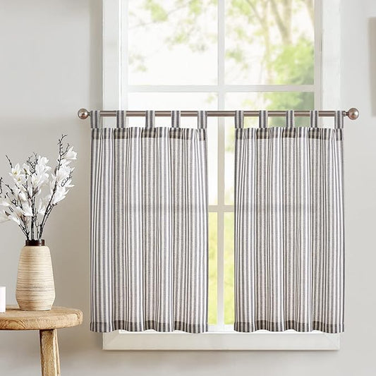 JINCHAN Tab Top Linen Kitchen Curtains 36 Inch Striped Tier Curtains Farmhouse by JINCHAN