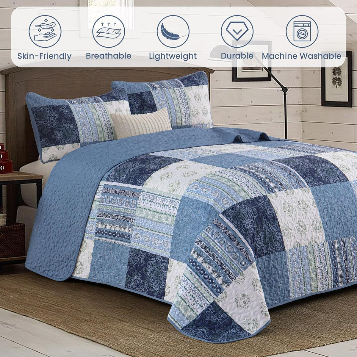 dintszyayue patchwork blue quilt set king size,3 pieces, side view