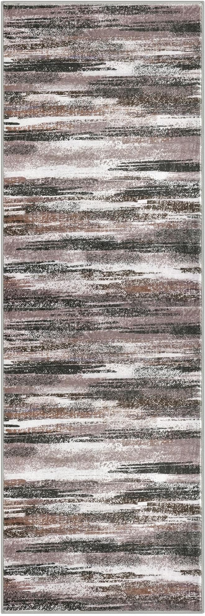 Modern Abstract Runner Rug 2.6x8, Dark Light Brown White Washable Kitchen - Image 8