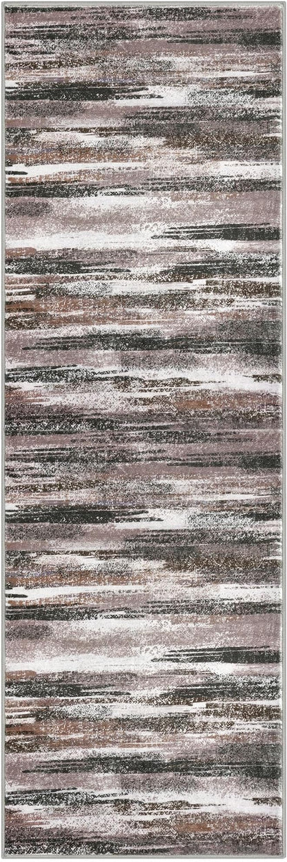 Modern Abstract Runner Rug 2.6x8, Dark Light Brown White Washable Kitchen - Image 8