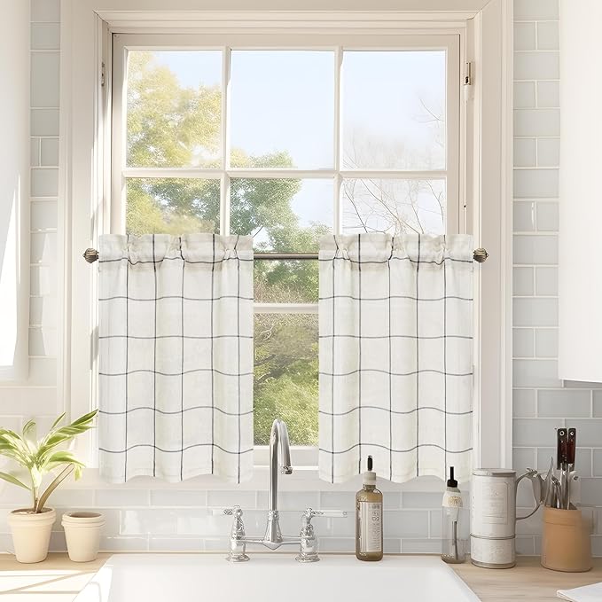 DriftAway Kitchen Curtains Striped Tier Linen Short Curtains Windowpane Plaid by DriftAway