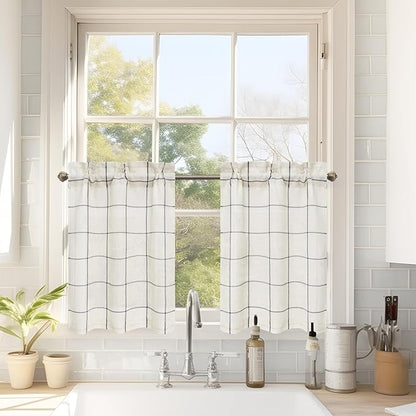 DriftAway Kitchen Curtains Striped Tier Linen Short Curtains Windowpane Plaid by DriftAway