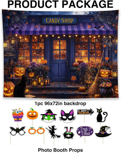 Allenjoy 96" x 72" Halloween Candy Shop Photography Backdrop with Photo Booth Props, Party Decorations, Supplies and Favors