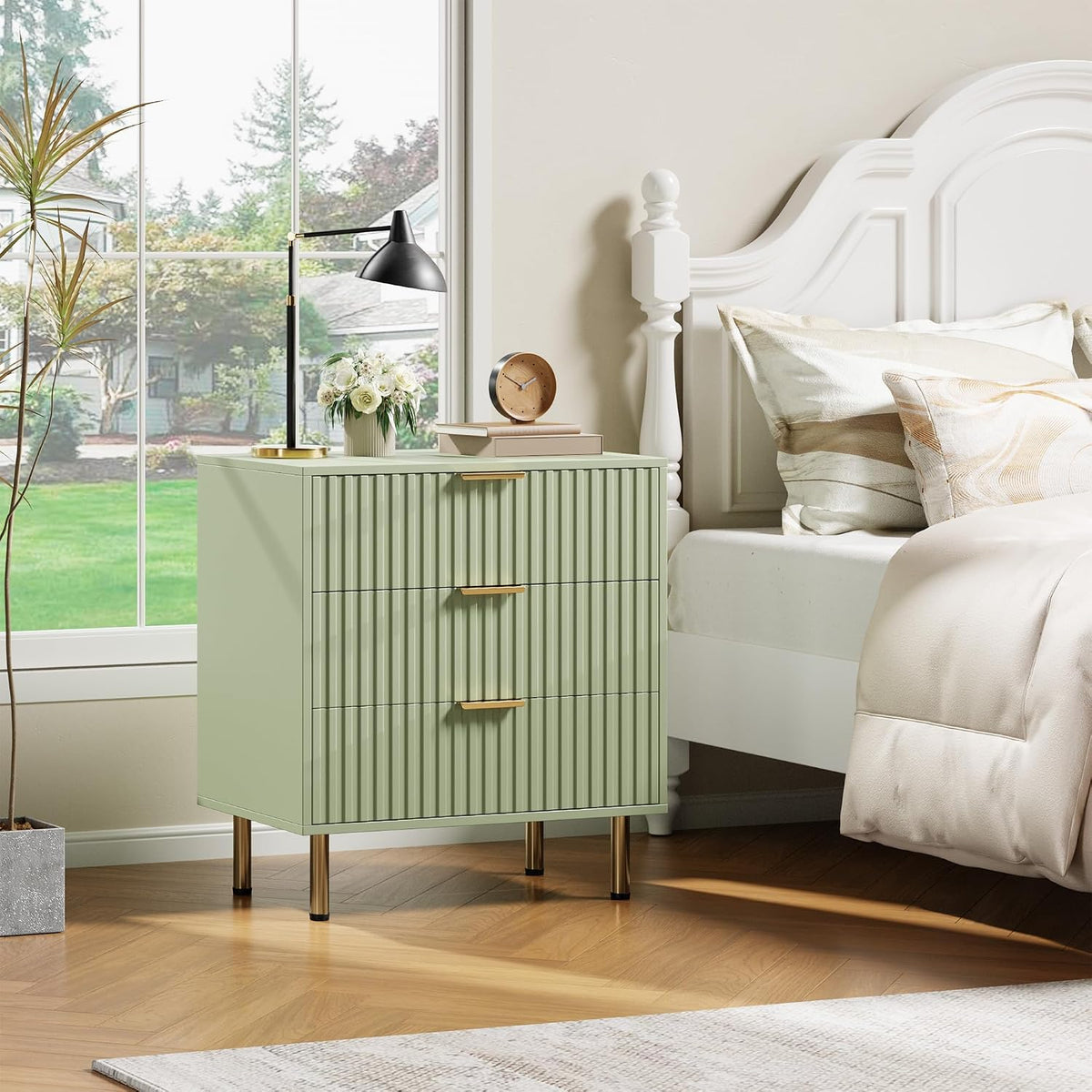 garveehome fluted green 3 drawer dresser for bedroom, close-up detail