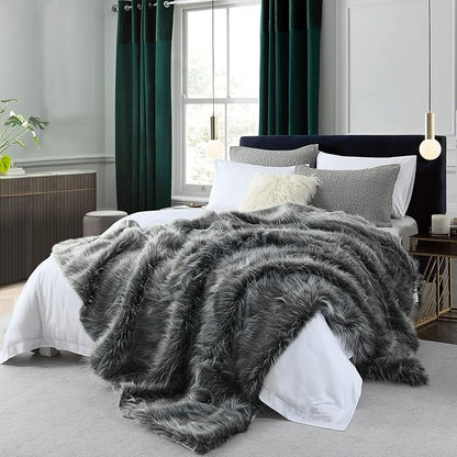 Luxury Faux Fur Blanket King Size, Ultra Big Grey and Black High Pile Mixed by HORIMOTEHOME