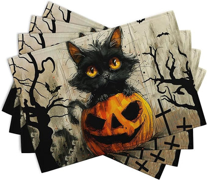 Halloween Black Cat Pumpkin 12x18 Placemats Set of 4 Happy Halloween Bat Branch - Image 2