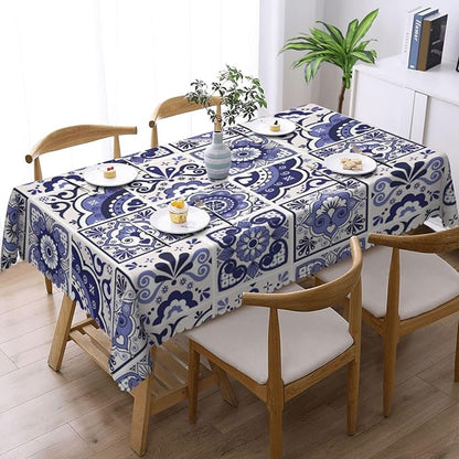 Talavera Mexican Tiles Tablecloth Navy Blue Flowers Leaves Hearts and Swirls - Image 2